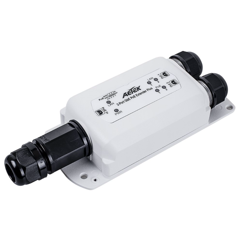 Aetek 1 to 2 Port Outdoor Passive 1Gbe PoE Extender, Daisy-chain, IP67, 1 x 24V POE